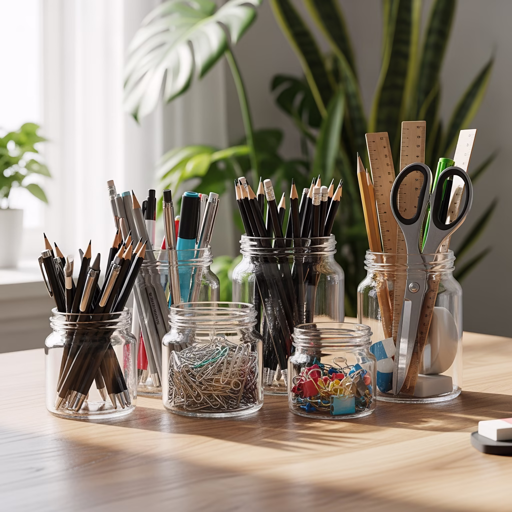 A desk with a beautifully organized zero waste storage system featuring multiple glass jars of varying sizes. The clear jars are filled with pens, pencils, scissors, rulers, and paper clips, showcasing a clean aesthetic with natural lighting and green plants in the background.