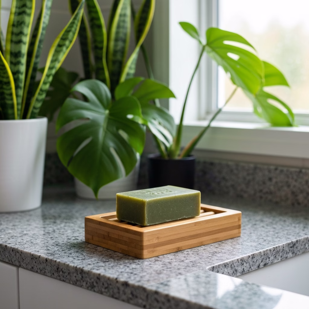 A finished bamboo soap dish holding a bar of natural soap on a stone bathroom counter with lush green plants in the background.