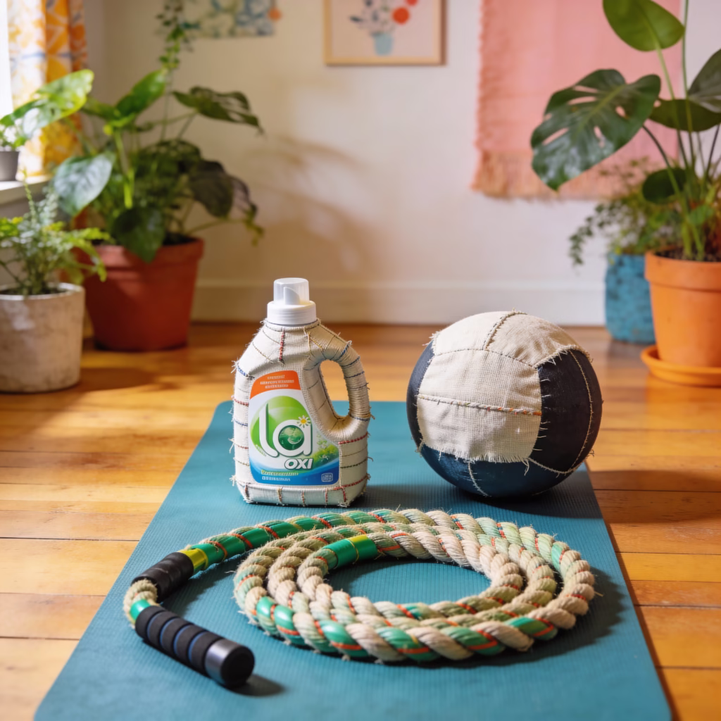 A bright home workout space featuring DIY fitness essentials like a detergent bottle kettlebell and garden hose battle ropes arranged on a yoga mat.