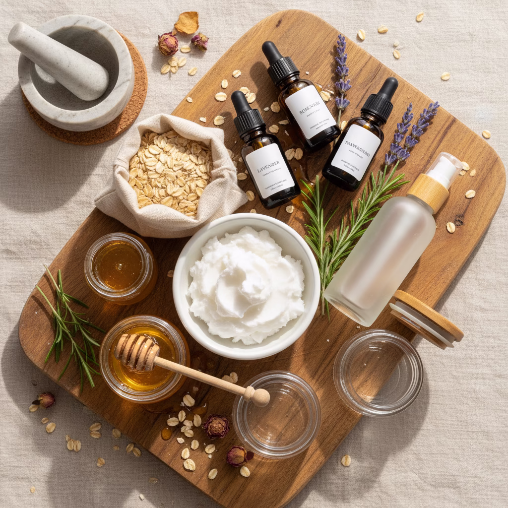 A bright and inviting flat lay of natural ingredients for Zero Waste Beauty Ideas, featuring a wooden cutting board topped with a pile of oats, a small bowl of raw honey with a wooden dipper, coconut oil in a glass jar, and several amber essential oil bottles.