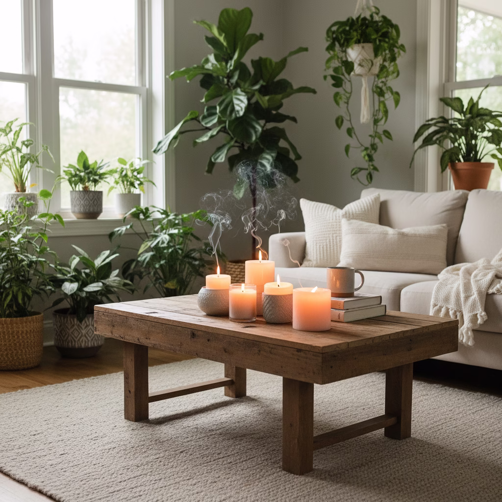 A cozy living room scene featuring lit soy wax candles on a rustic wooden table with soft natural lighting and green plants in the background.