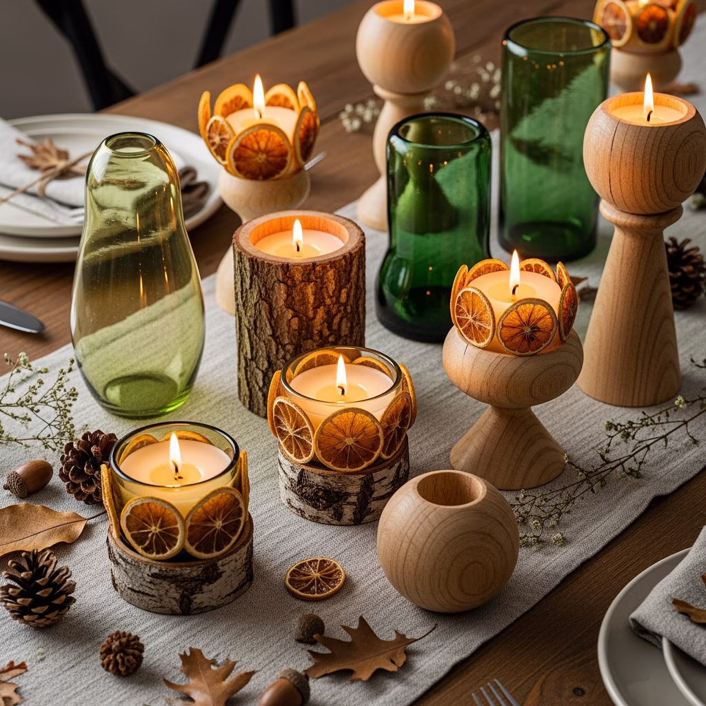 A beautifully styled tablescape featuring a variety of handmade Zero Waste candleholders made from natural glass, wood, and citrus peels with glowing lit candles.