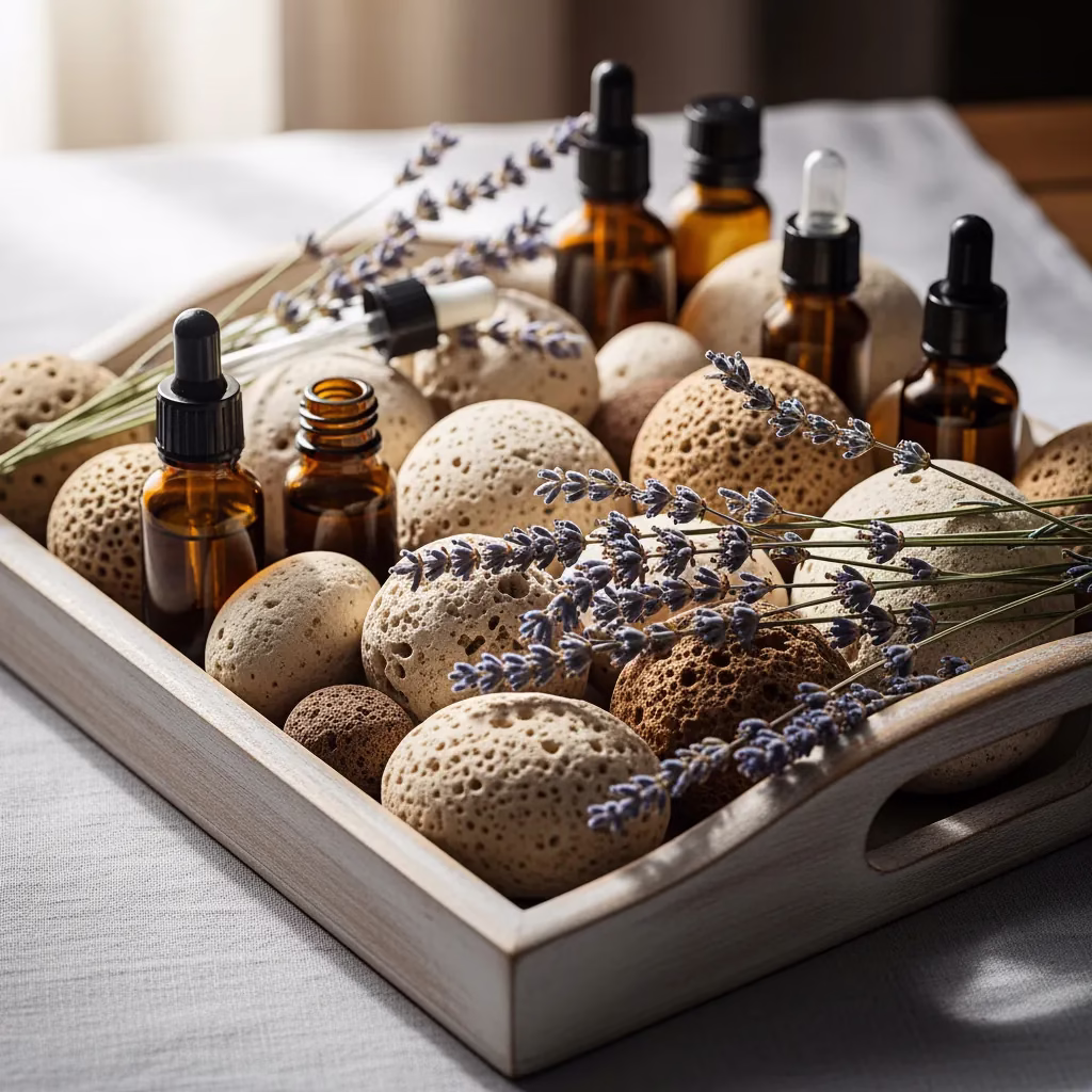 A collection of natural porous aroma stones and two small amber essential oil glass bottles with droppers arranged on a rustic wooden tray alongside dried lavender sprigs in soft, natural sunlight.