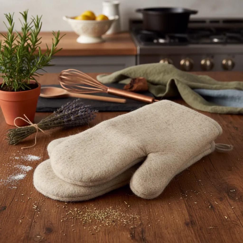 A pair of thick, handcrafted 100% wool Felt Oven Gloves in a natural grey tone, resting on a rustic wooden kitchen counter alongside fresh green herbs.