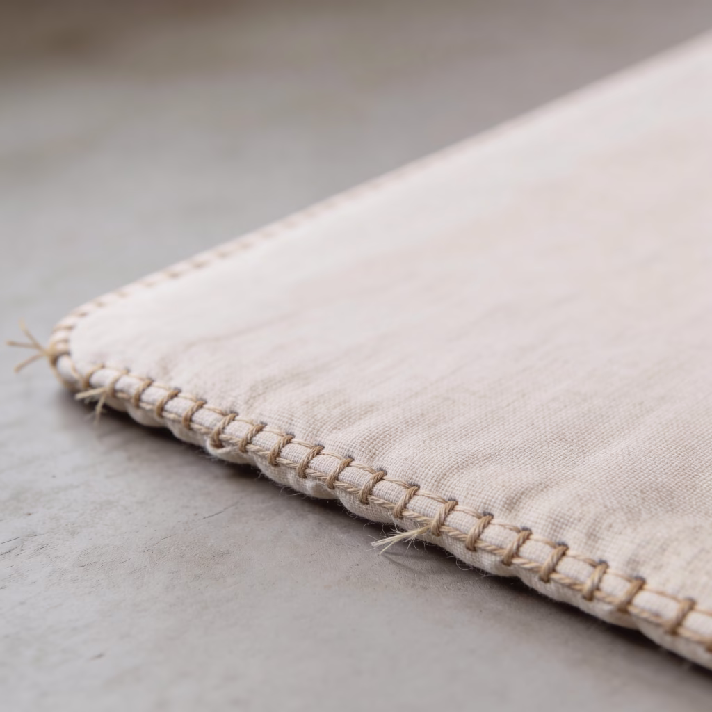 A beautifully crafted Zero Waste Yoga Mat made from natural jute and cotton, laid out on a polished wooden floor with green indoor plants in the background.
