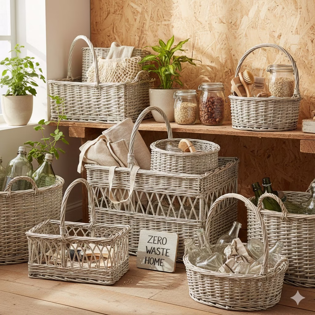 A collection of several upcycled wicker baskets painted in a soft cream shabby chic style, used for zero waste storage of glass jars, linens, and plants against a rustic wooden background.