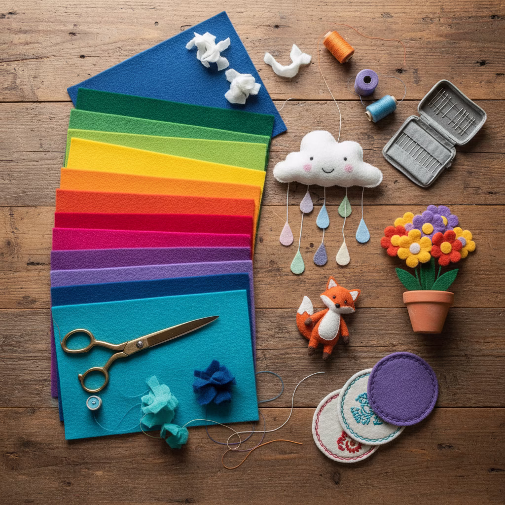 A flatlay of colorful wool felt sheets, fabric scissors, thread, and finished handmade felt crafts neatly arranged on a rustic wooden table.