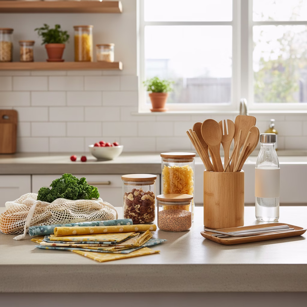 A bright kitchen counter featuring various Reusable Tools for a zero waste home, including colorful beeswax wraps, mesh cloth bags, glass storage jars, and wooden utensils.