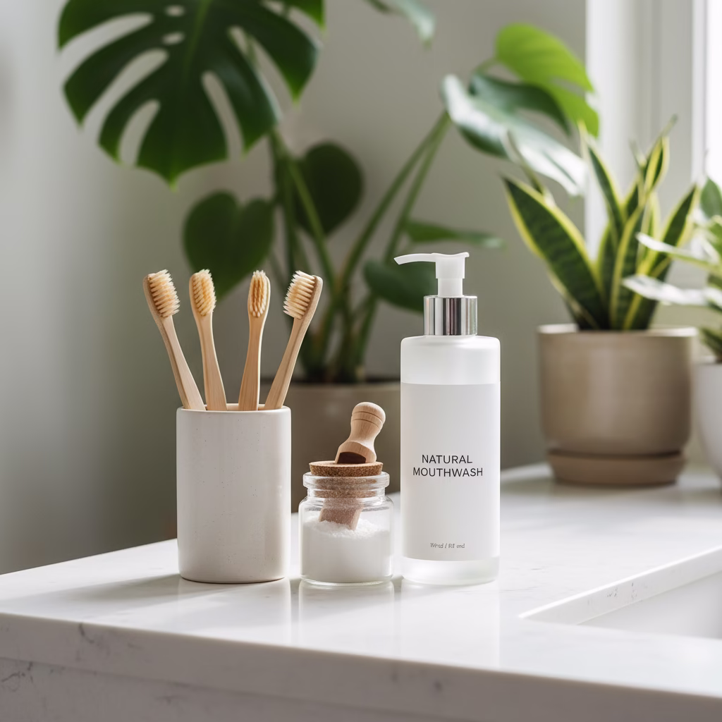 A clean bathroom counter with bamboo toothbrushes, a jar of tooth powder, and mouthwash for Oral Care Recipes, set against a soft background of green plants.